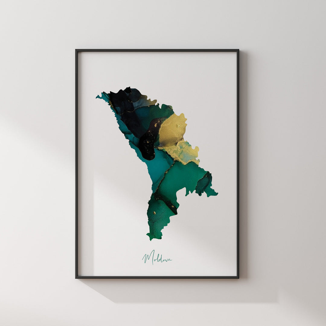 Moldova Map Emerald Green and Gold Wall Art Print