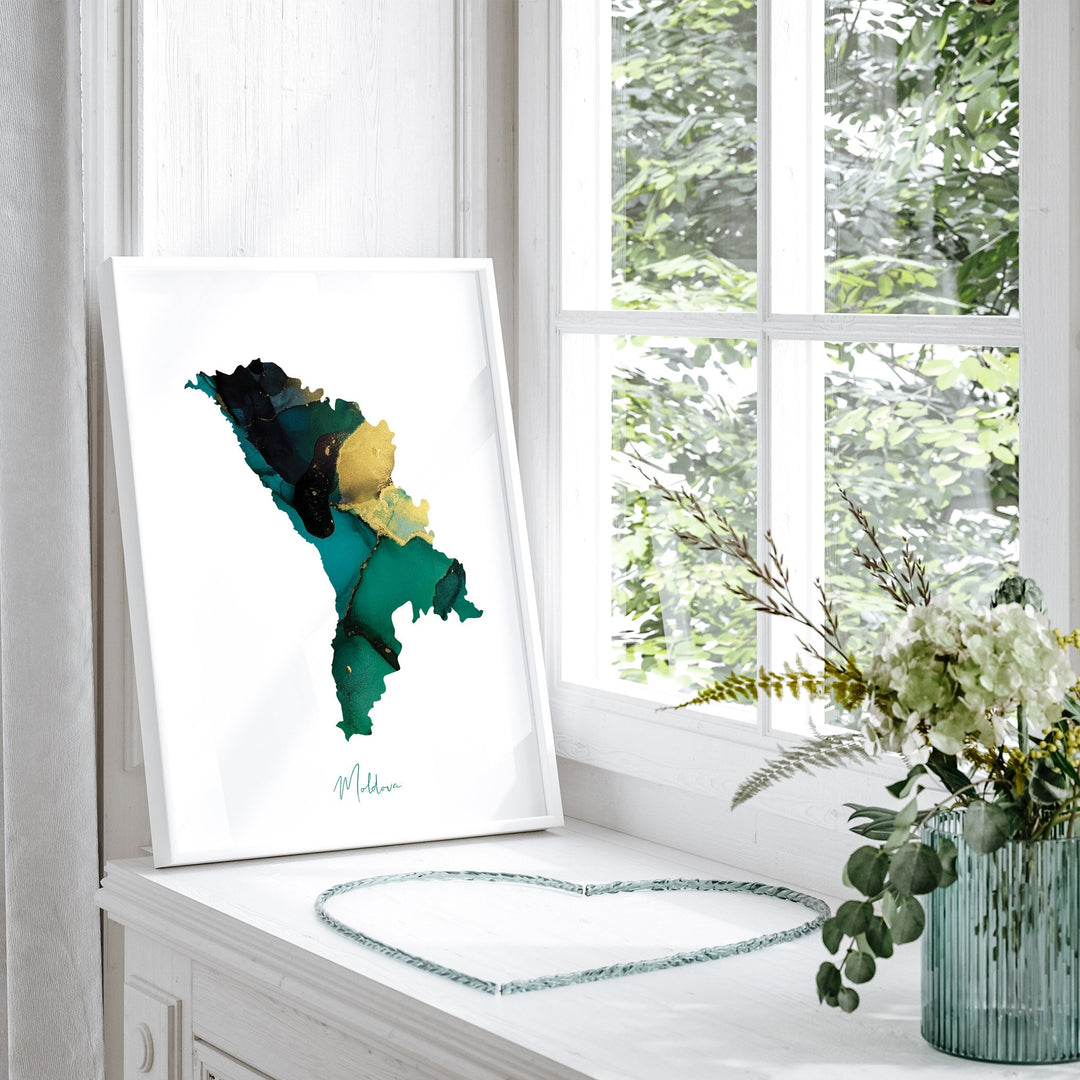 Moldova Map Emerald Green and Gold Wall Art Print
