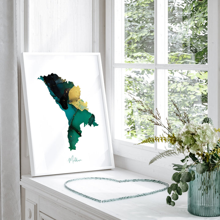 Moldova Map Emerald Green and Gold Wall Art Print