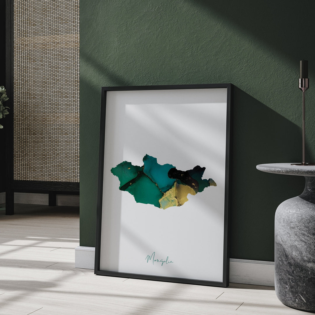 Mongolia Map Emerald Green and Gold Wall Art Print