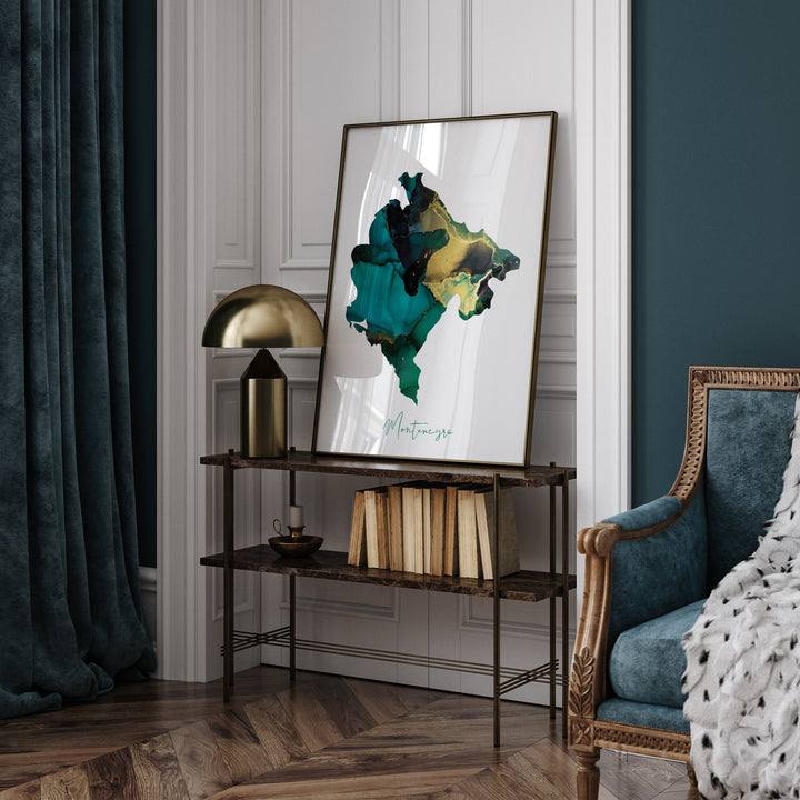 Montenegro Map Emerald Green and Gold Wall Art Print