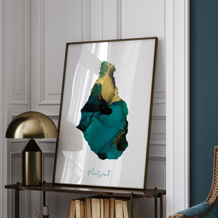Montserrat Map Emerald Green and Gold Wall Art Print
