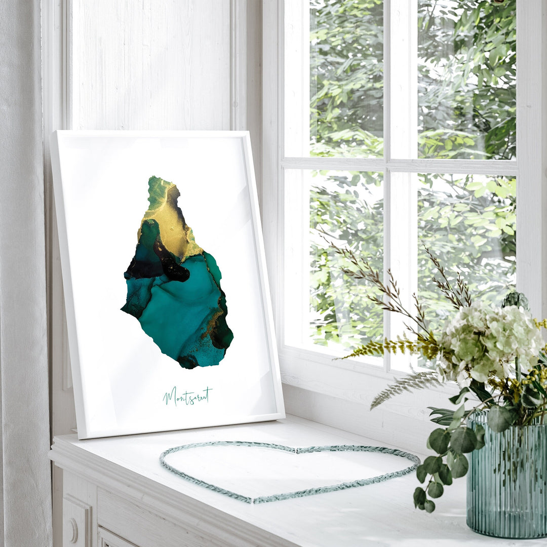 Montserrat Map Emerald Green and Gold Wall Art Print