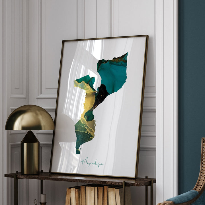 Mozambique Map Emerald Green and Gold Wall Art Print
