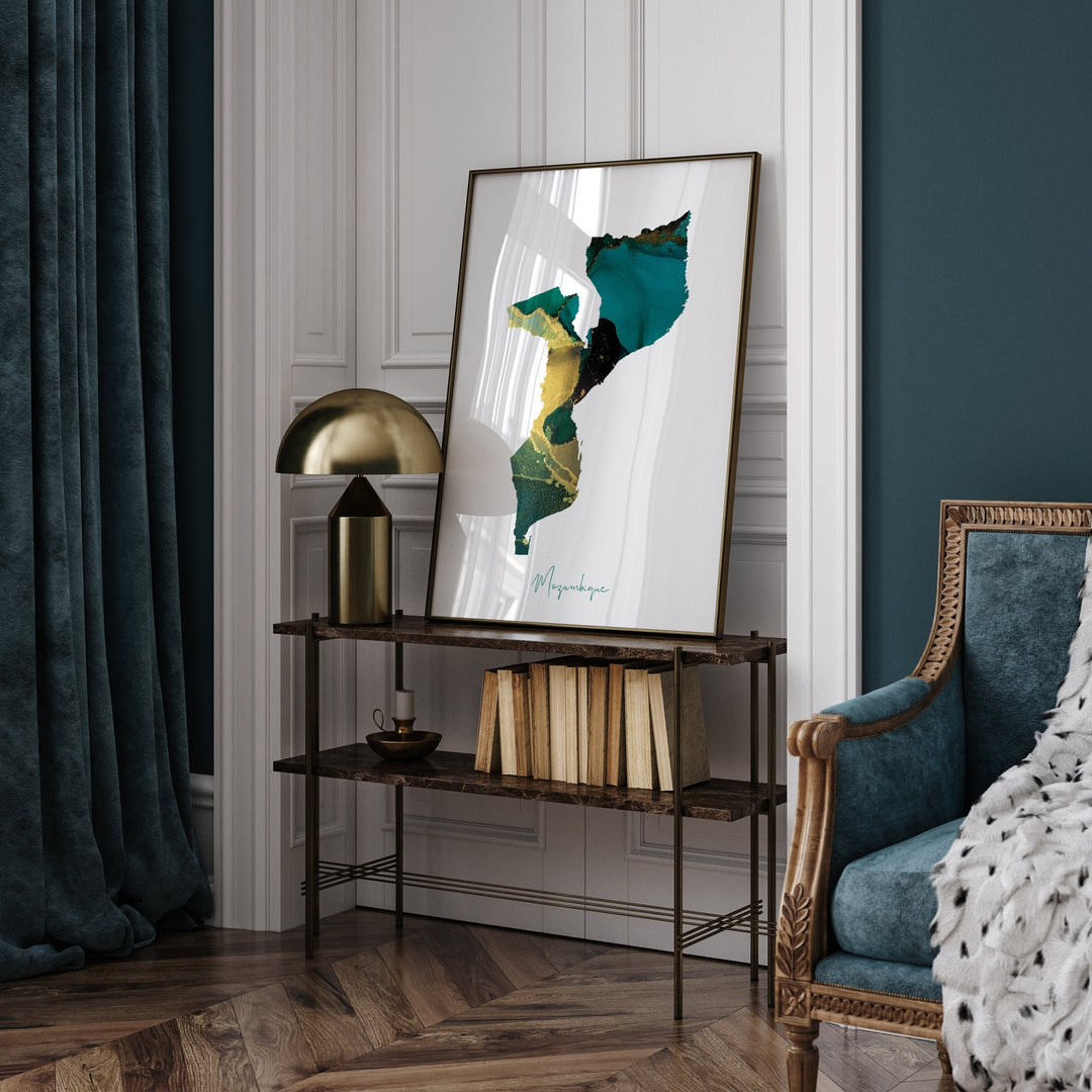 Mozambique Map Emerald Green and Gold Wall Art Print