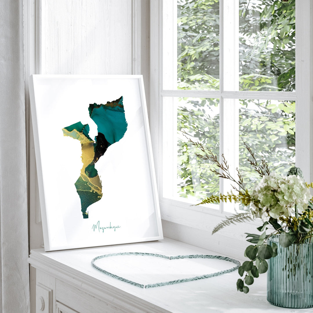 Mozambique Map Emerald Green and Gold Wall Art Print
