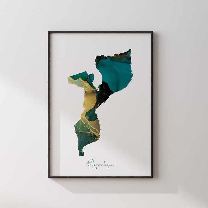 Mozambique Map Emerald Green and Gold Wall Art Print
