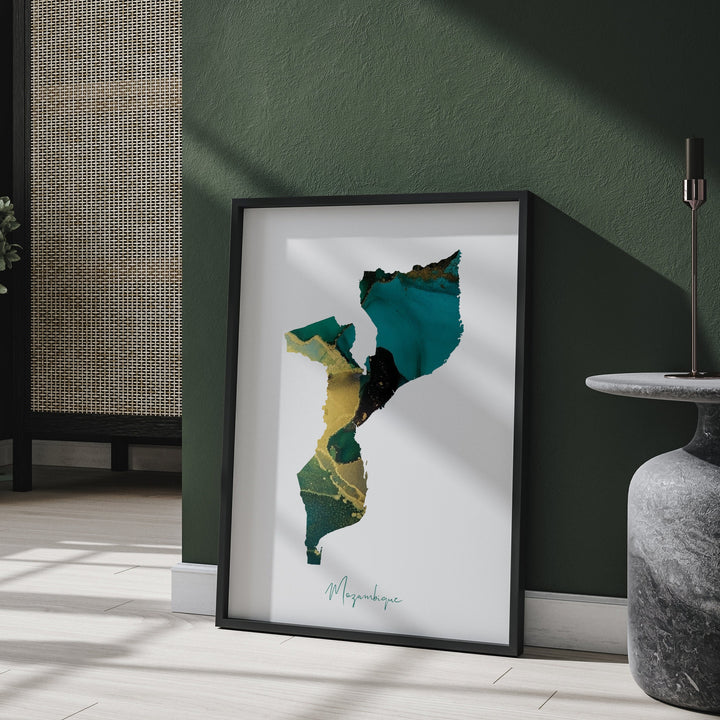 Mozambique Map Emerald Green and Gold Wall Art Print