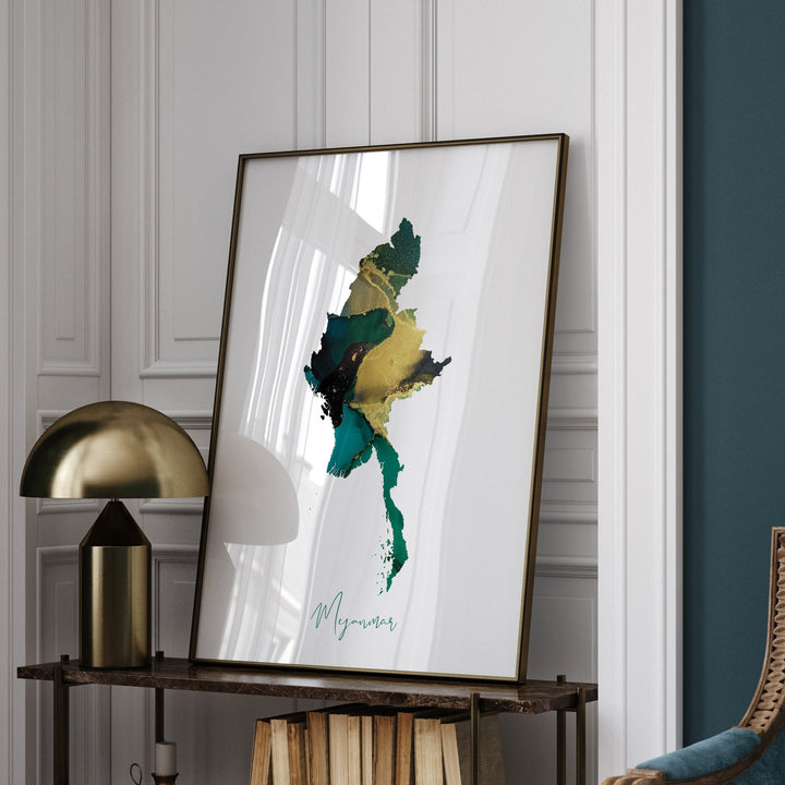 Myanmar Map Emerald Green and Gold Wall Art Print