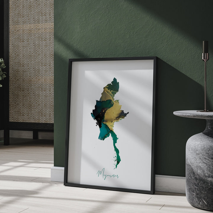 Myanmar Map Emerald Green and Gold Wall Art Print