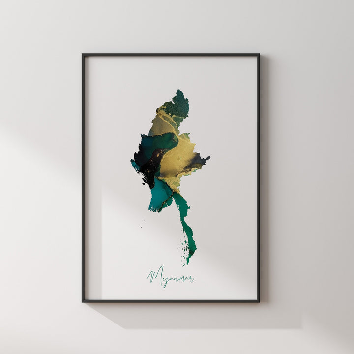 Myanmar Map Emerald Green and Gold Wall Art Print