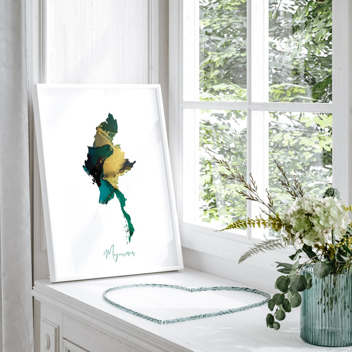 Myanmar Map Emerald Green and Gold Wall Art Print