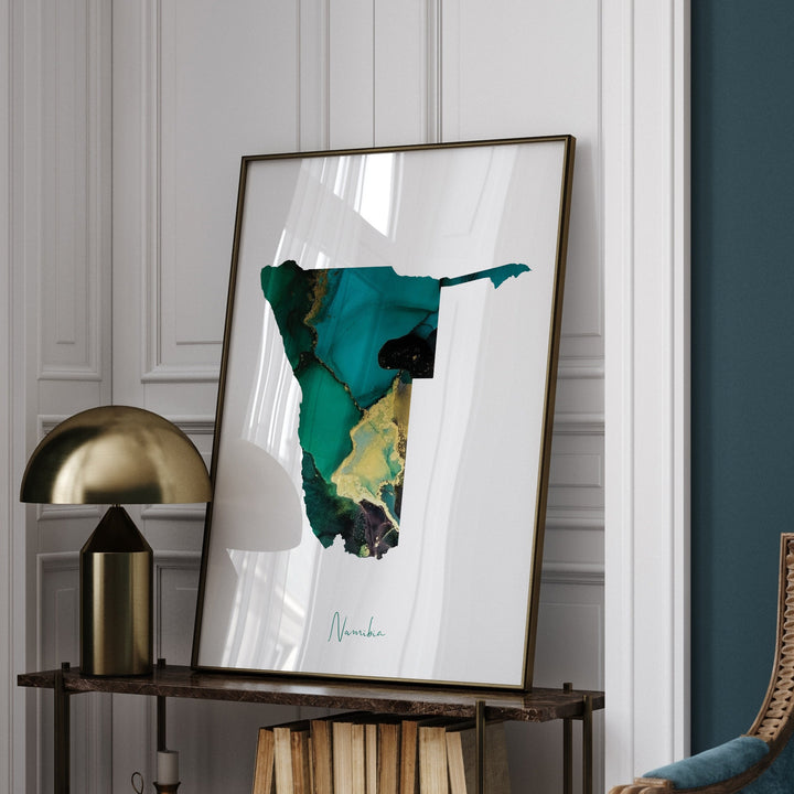 Namibia Map Emerald Green and Gold Wall Art Print