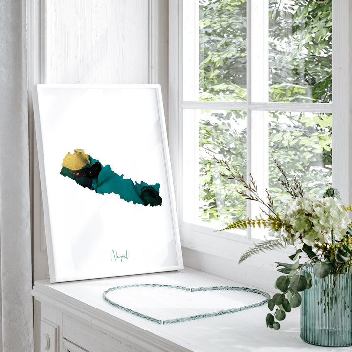 Nepal Map Emerald Green and Gold Wall Art Print