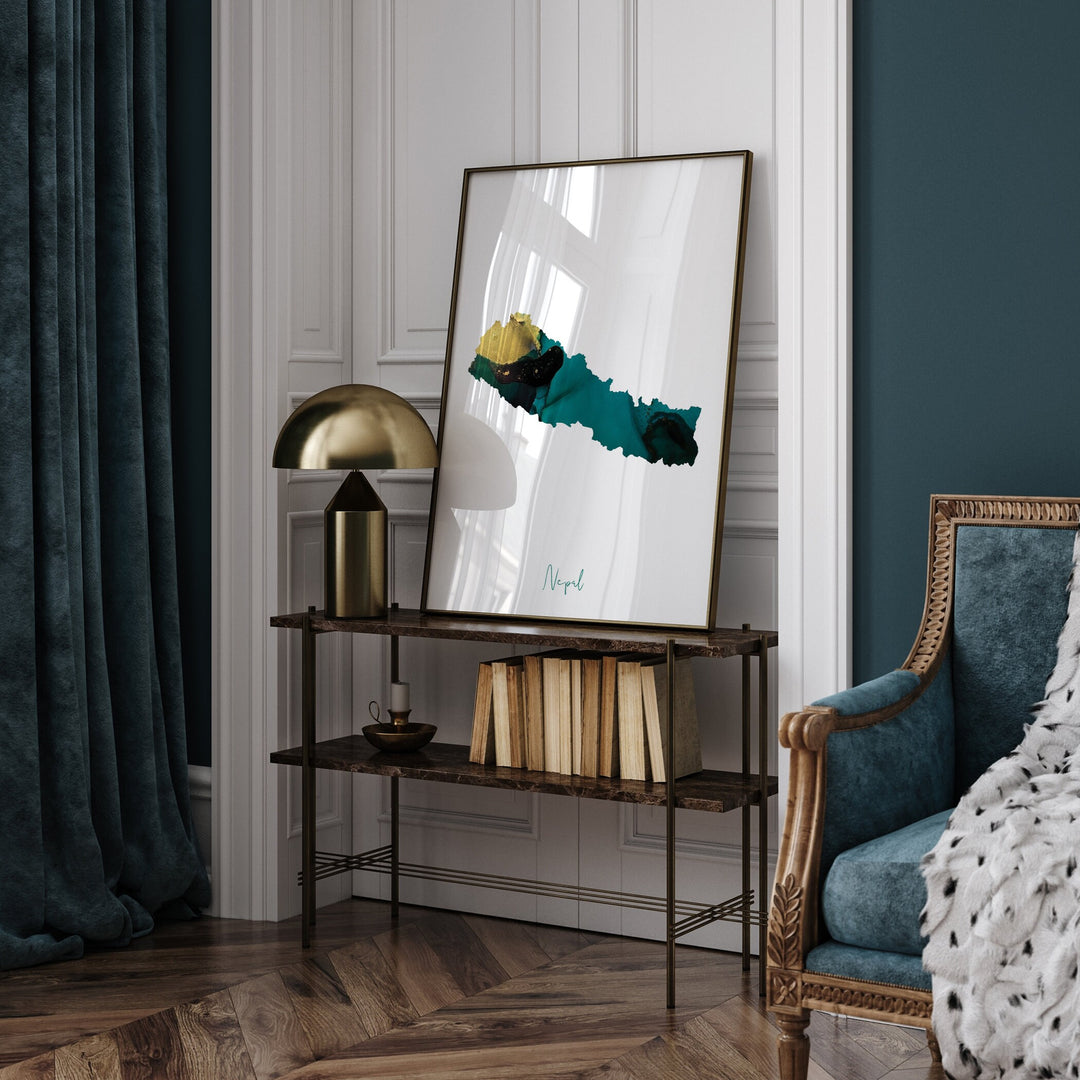 Nepal Map Emerald Green and Gold Wall Art Print