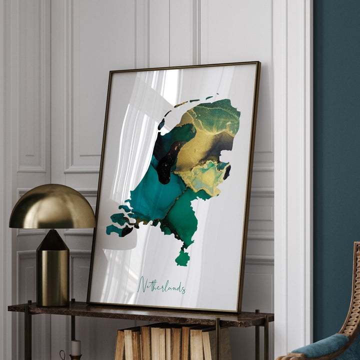 Netherlands Map Emerald Green and Gold Wall Art Print