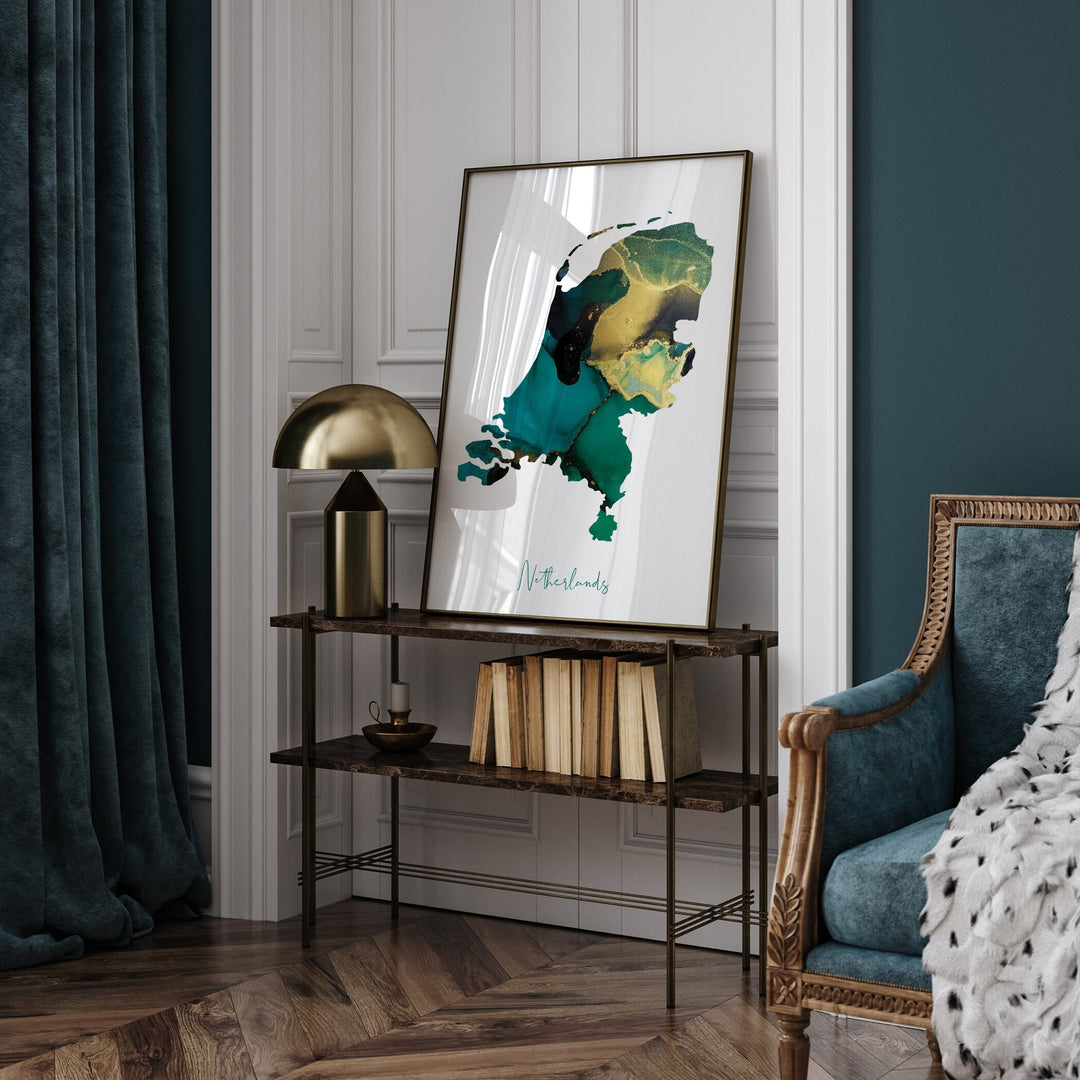 Netherlands Map Emerald Green and Gold Wall Art Print