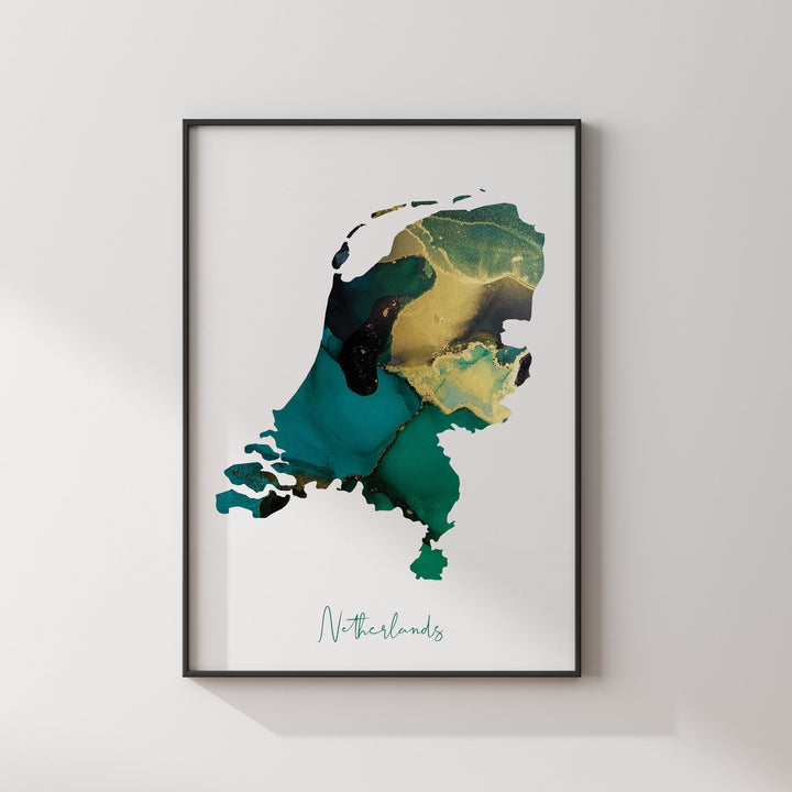 Netherlands Map Emerald Green and Gold Wall Art Print