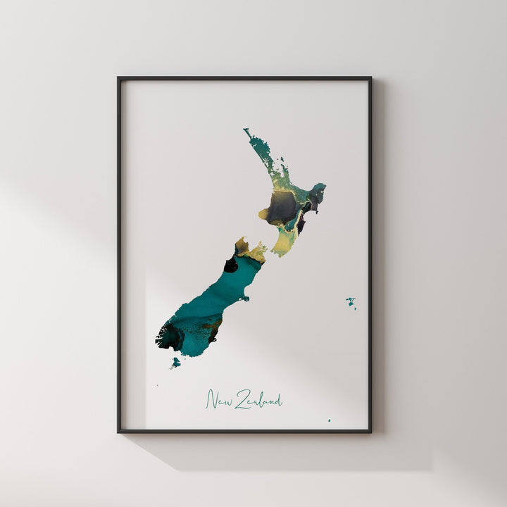 New Zealand Map Emerald Green and Gold Wall Art Print