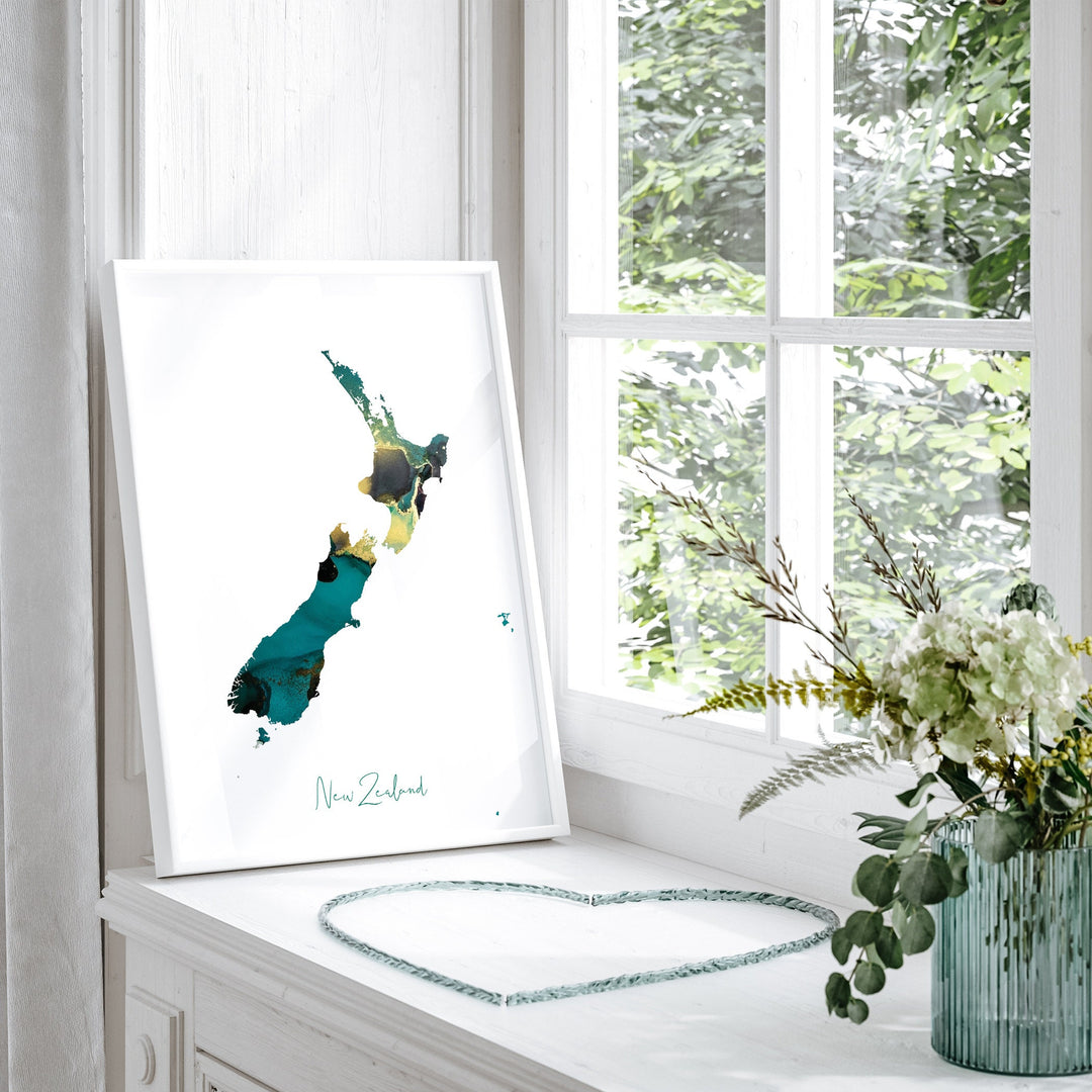 New Zealand Map Emerald Green and Gold Wall Art Print