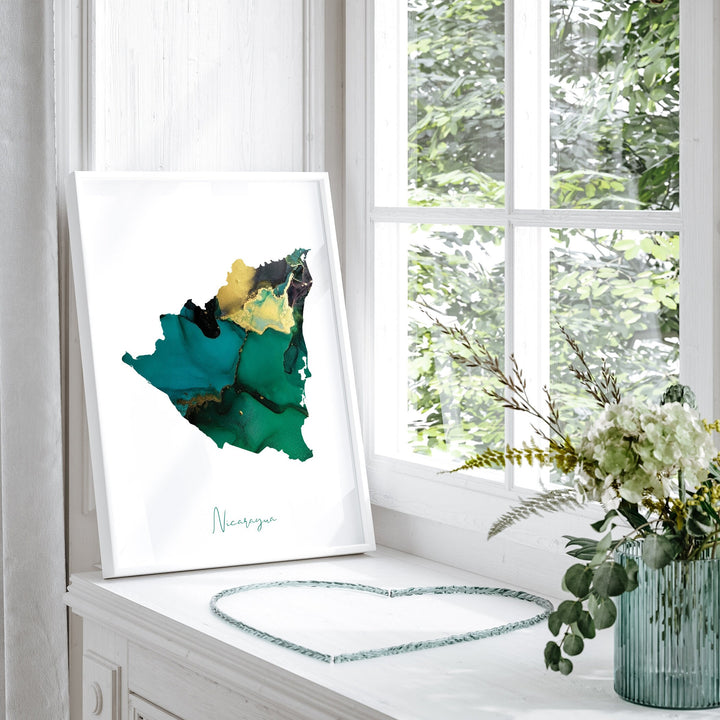 Nicaragua Map Emerald Green and Gold Wall Art Print