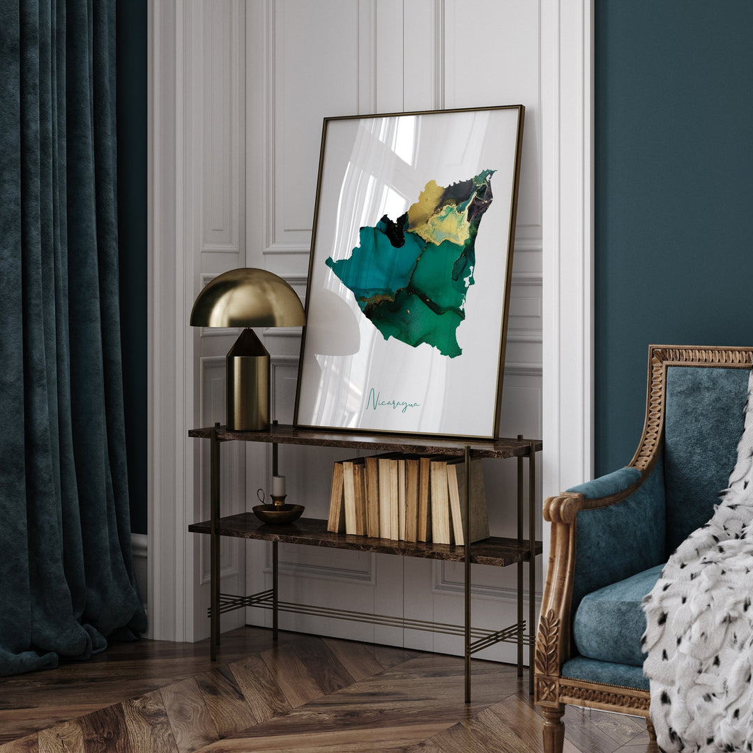 Nicaragua Map Emerald Green and Gold Wall Art Print