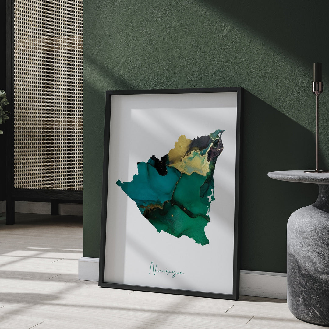 Nicaragua Map Emerald Green and Gold Wall Art Print