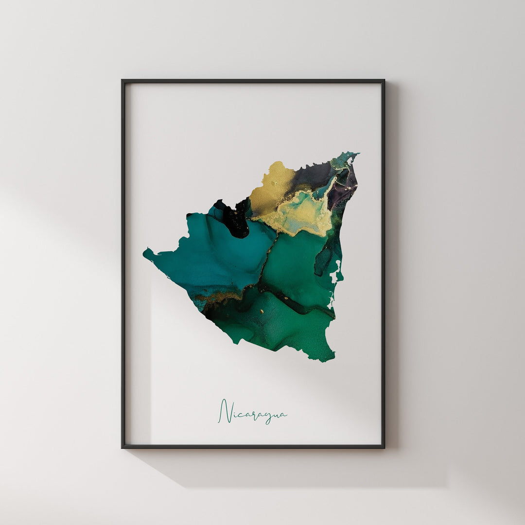 Nicaragua Map Emerald Green and Gold Wall Art Print