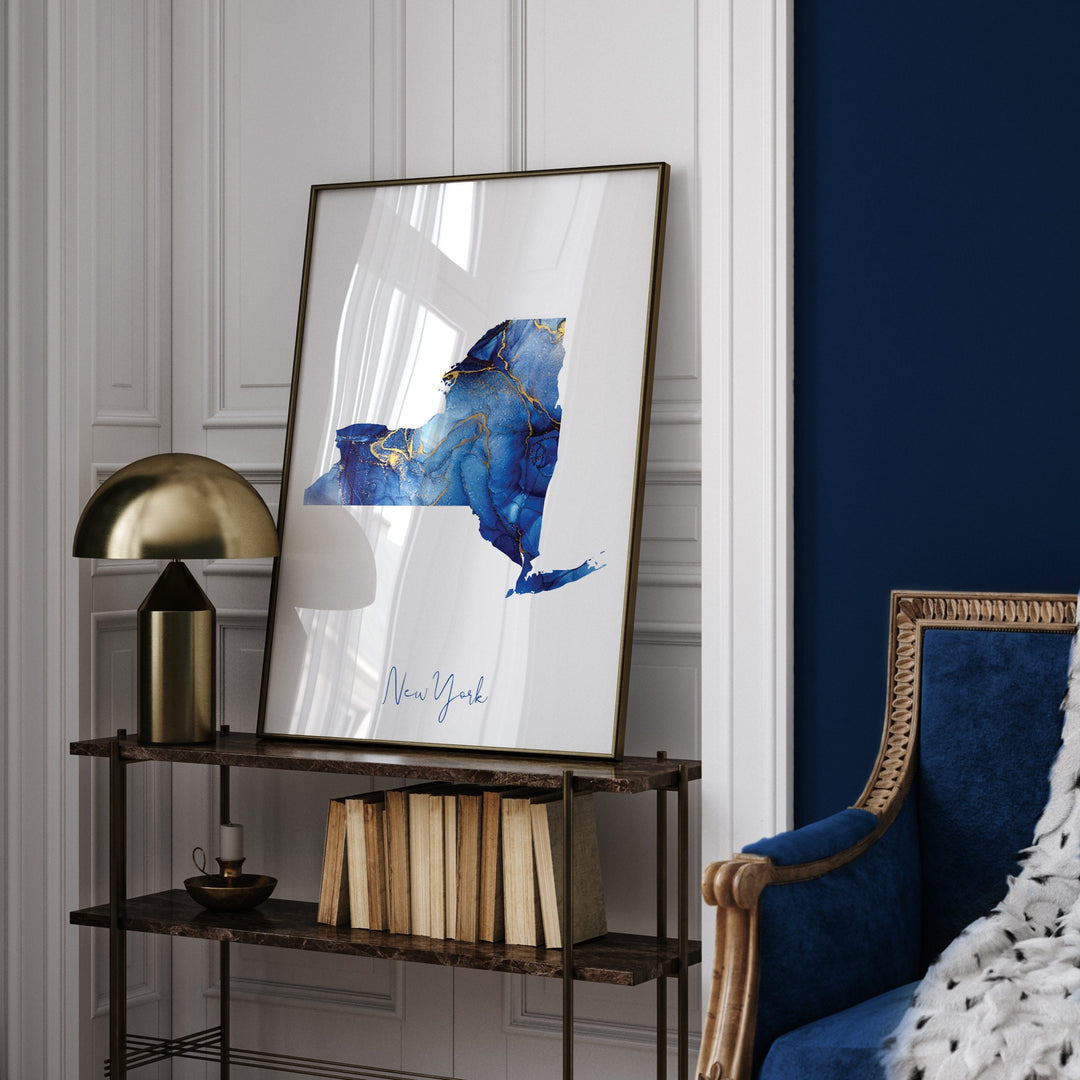New York Map Blue and Gold Wall Art Print | US State | United States of America | USA