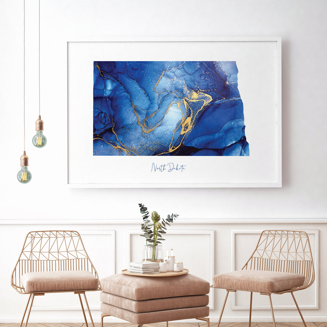 North Dakota Map Blue and Gold Wall Art Print | US State | United States of America | USA