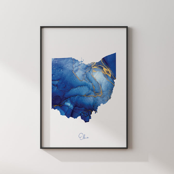 Ohio Map Blue and Gold Wall Art Print | US State | United States of America | USA