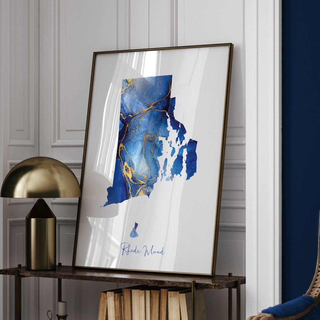 Rhode Island Map Blue and Gold Wall Art Print | US State | United States of America | USA