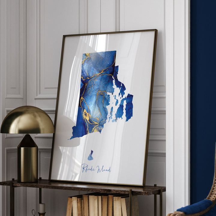 Rhode Island Map Blue and Gold Wall Art Print | US State | United States of America | USA