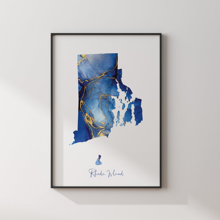 Rhode Island Map Blue and Gold Wall Art Print | US State | United States of America | USA