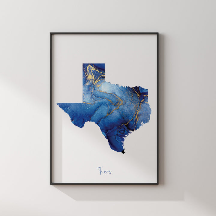 Texas Map Blue and Gold Wall Art Print | US State | United States of America | USA