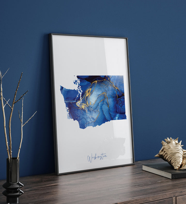 Washington Map Blue and Gold Wall Art Print | US State | United States of America | USA