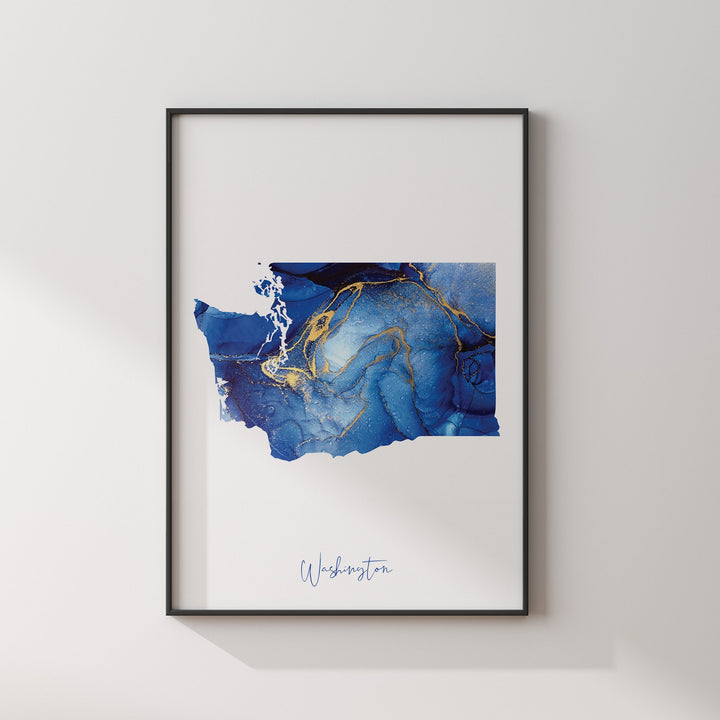 Washington Map Blue and Gold Wall Art Print | US State | United States of America | USA