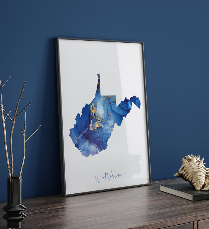 West Virginia Map Blue and Gold Wall Art Print | US State | United States of America | USA