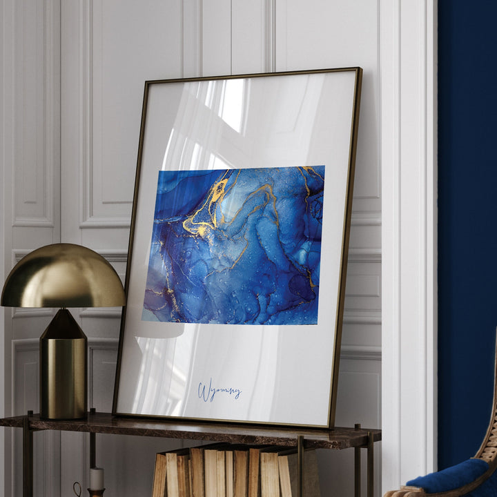 Wyoming Map Blue and Gold Wall Art Print | US State | United States of America | USA