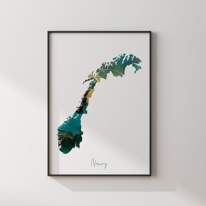 Norway Map Emerald Green and Gold Wall Art Print