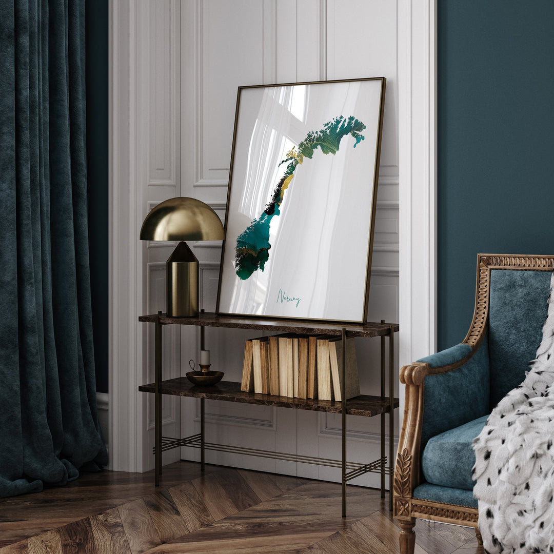 Norway Map Emerald Green and Gold Wall Art Print