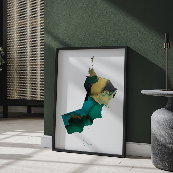 Oman Map Emerald Green and Gold Wall Art Print