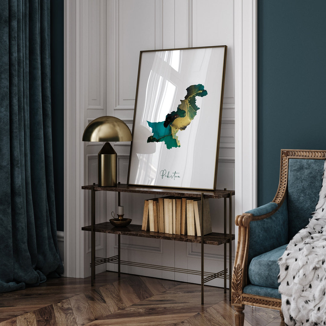 Pakistan Map Emerald Green and Gold Wall Art Print