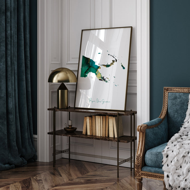 Papua New Guinea Map Emerald Green and Gold Wall Art Print