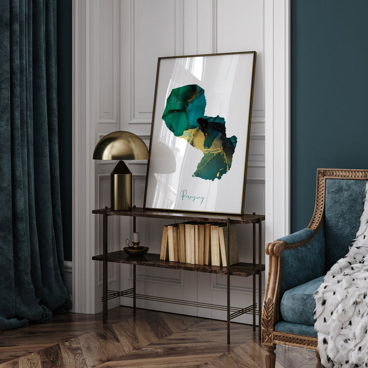 Paraguay Map Emerald Green and Gold Wall Art Print