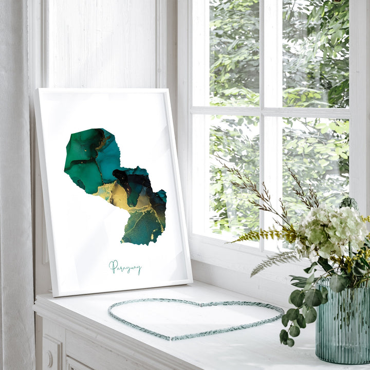 Paraguay Map Emerald Green and Gold Wall Art Print