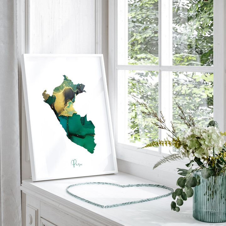 Peru Map Emerald Green and Gold Wall Art Print
