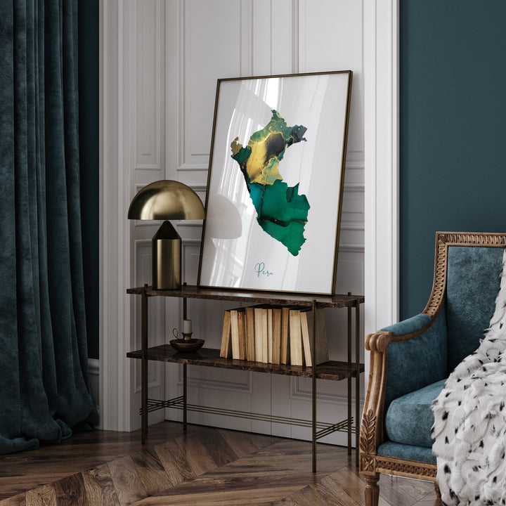 Peru Map Emerald Green and Gold Wall Art Print