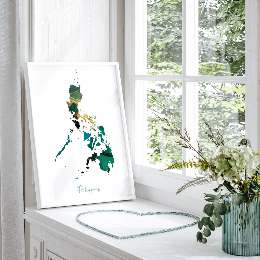 Philippines Map Emerald Green and Gold Wall Art Print