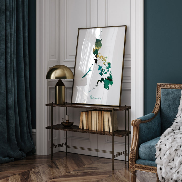 Philippines Map Emerald Green and Gold Wall Art Print